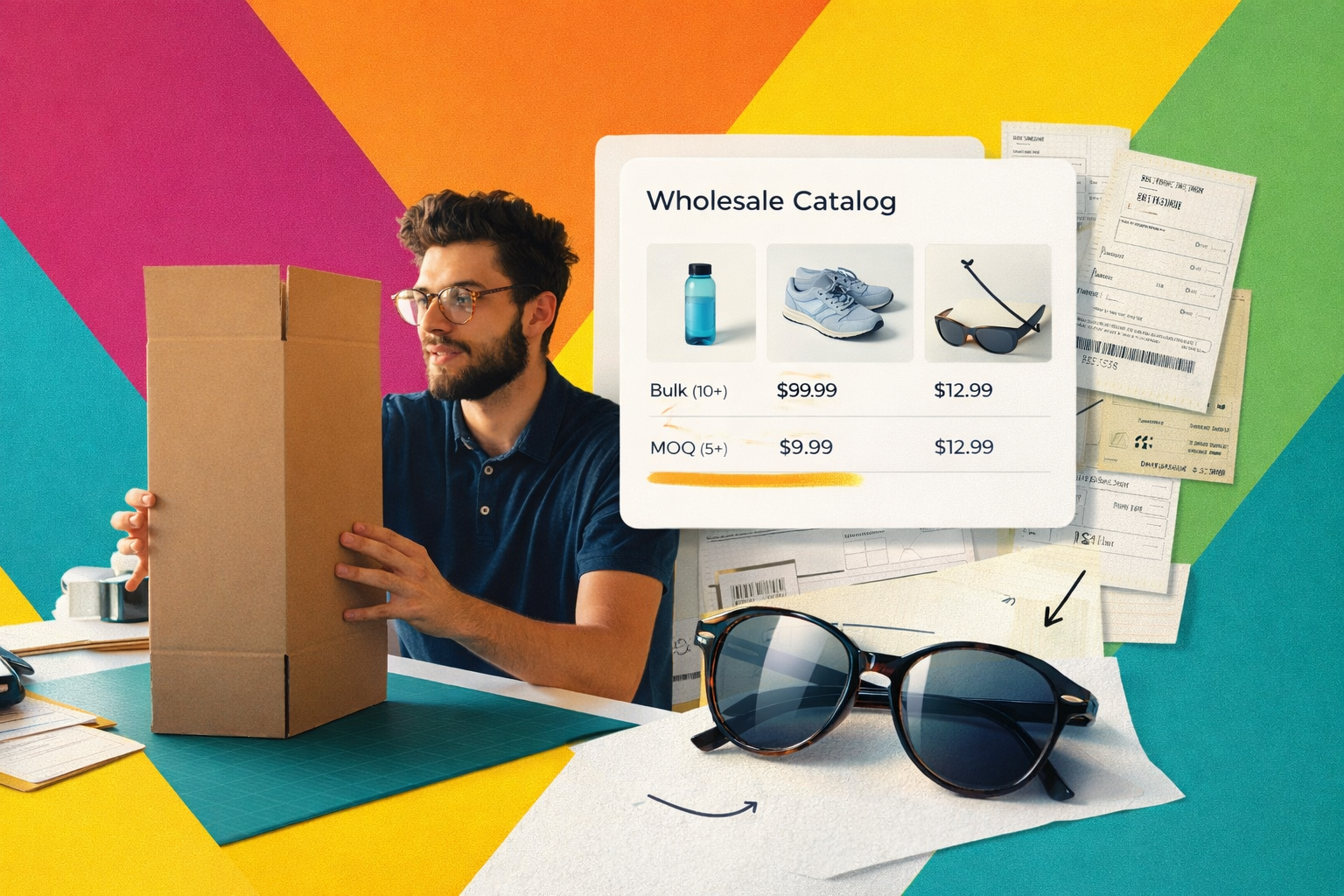 Ecommerce collage showing a man packing a box with a wholesale catalog UI and sunglasses on a vibrant geometric background.