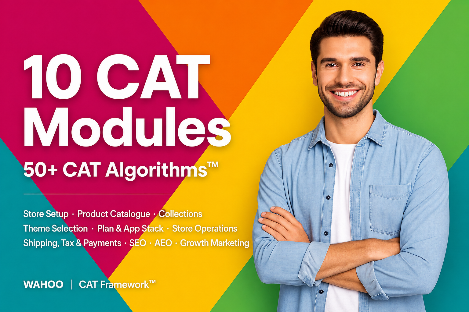 Man standing against a colorful background with text about 10 CAT Modules and 50+ CAT Algorithms.