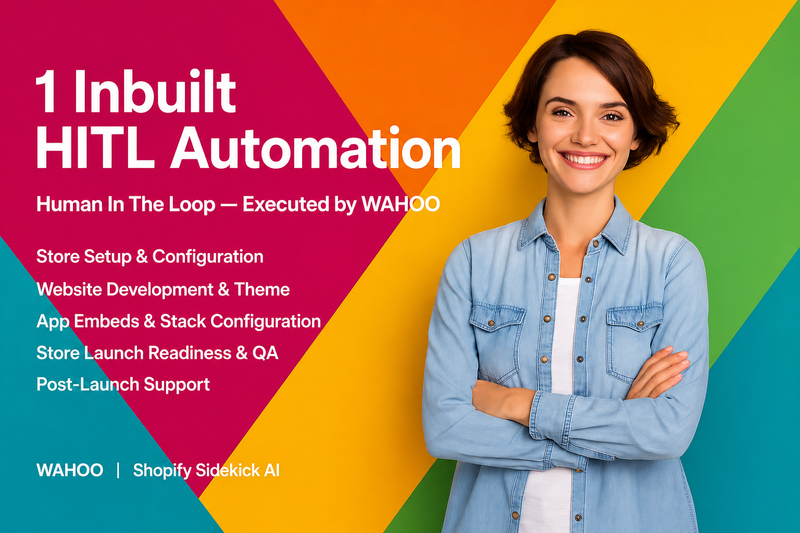 Woman standing against a colorful background with text about HITL Automation by WAHOO.