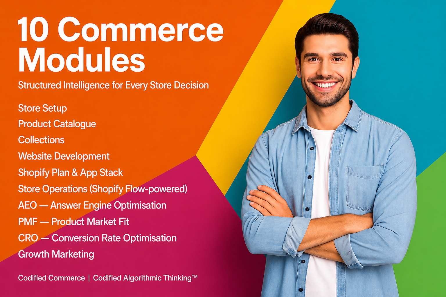 Codified Algorithmic Thinking™ — 10 Commerce Modules by 
Codified Commerce. Store Setup, Product Catalogue, Collections, 
Theme Selection, Shopify Plan and App Stack, Store Operations, 
AEO, PMF, CRO, and Growth Marketing. Powered by Codified 
Algorithmic Thinking™.

