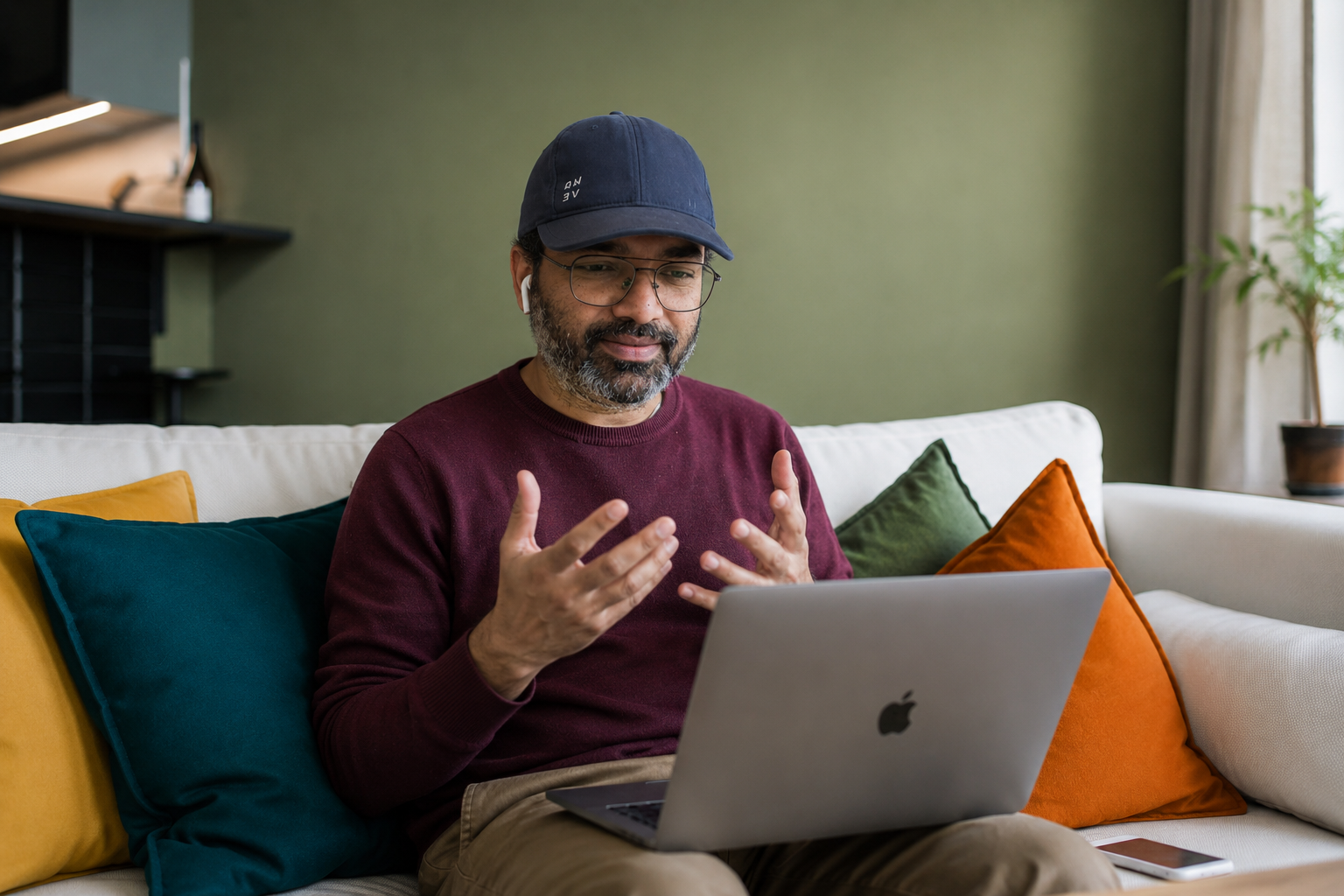 Ramesh sitting on a couch using a laptop with colorful pillows around him at Codified Commerce.