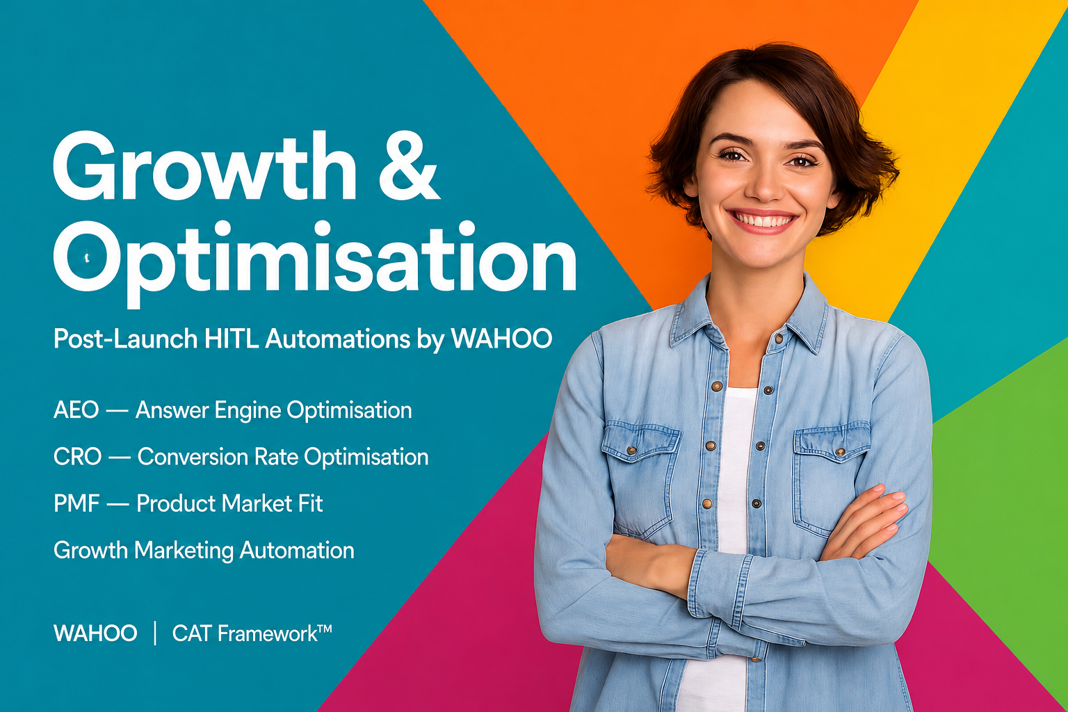Woman standing against a colorful background with text about growth optimization and WAHOO services.