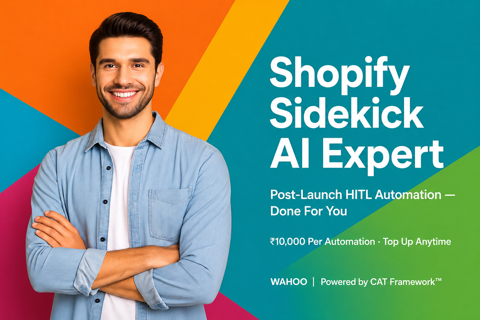Man standing against a colorful background with text about Shopify Sidekick AI Expert service.