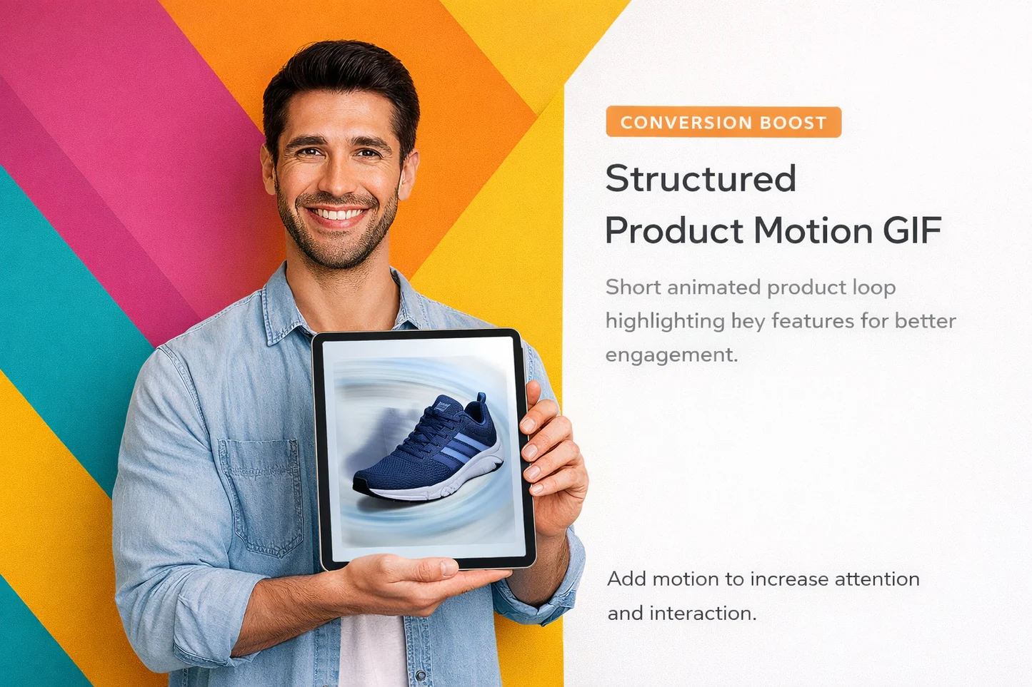 Man holding a tablet with a shoe on a colorful background, promoting a structured product motion GIF.