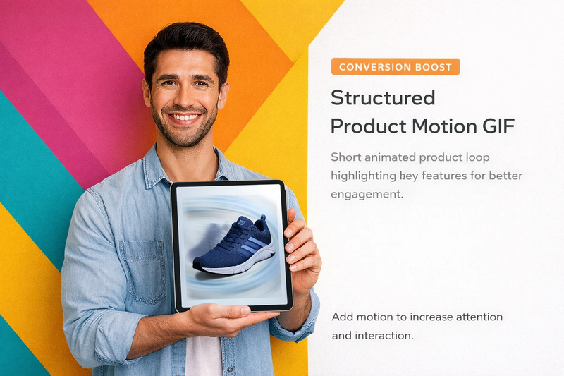 Man holding a tablet with a shoe on a colorful background, promoting a structured product motion GIF.