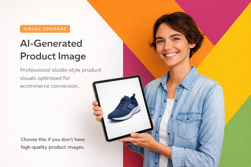 Woman holding a tablet with a blue sneaker on a colorful geometric background