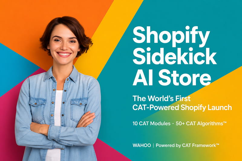 Woman standing in front of a colorful background with text about the Shopify Sidekick AI Store.