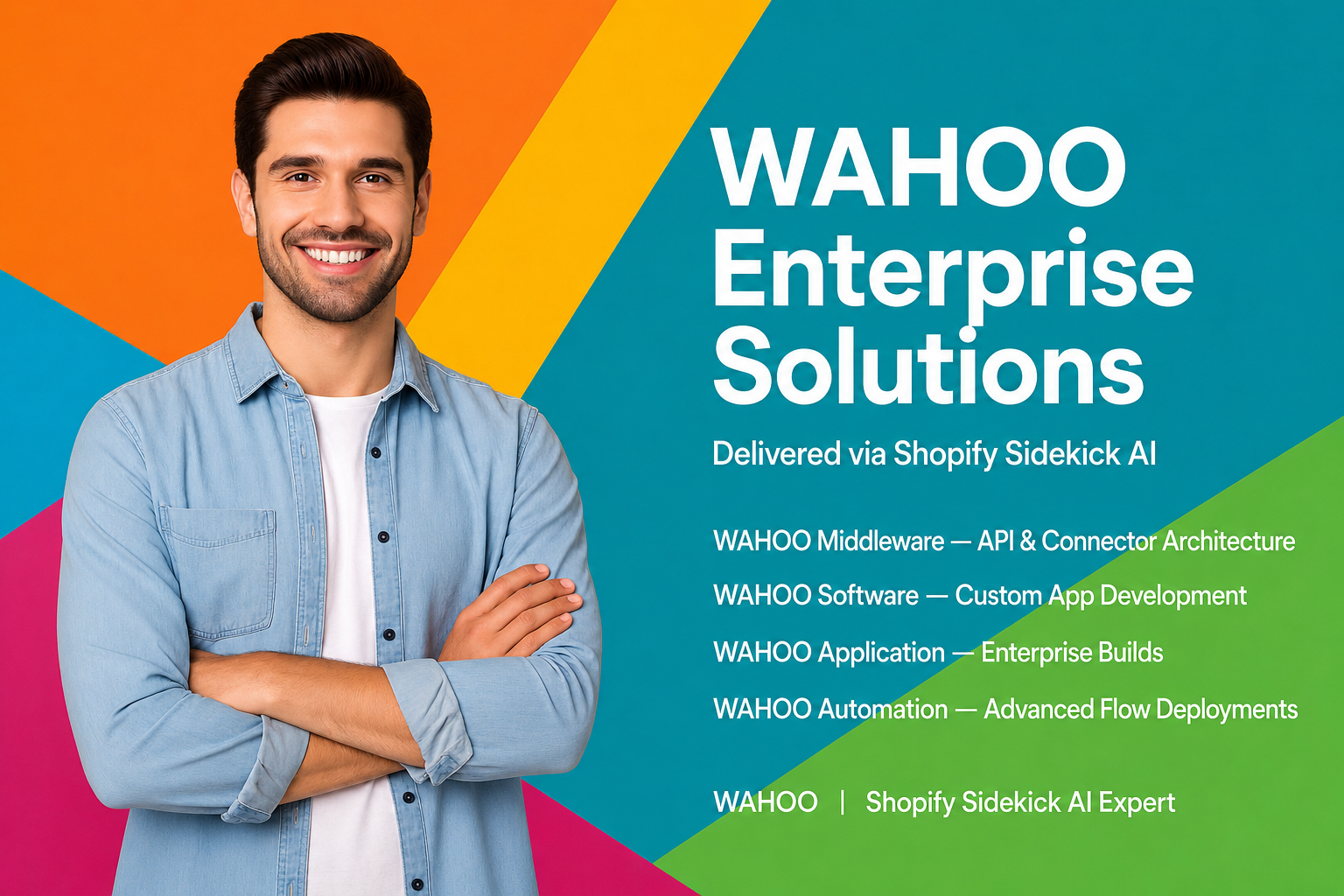 Man with arms crossed against a colorful background with 'WAHOO Enterprise Solutions' text.